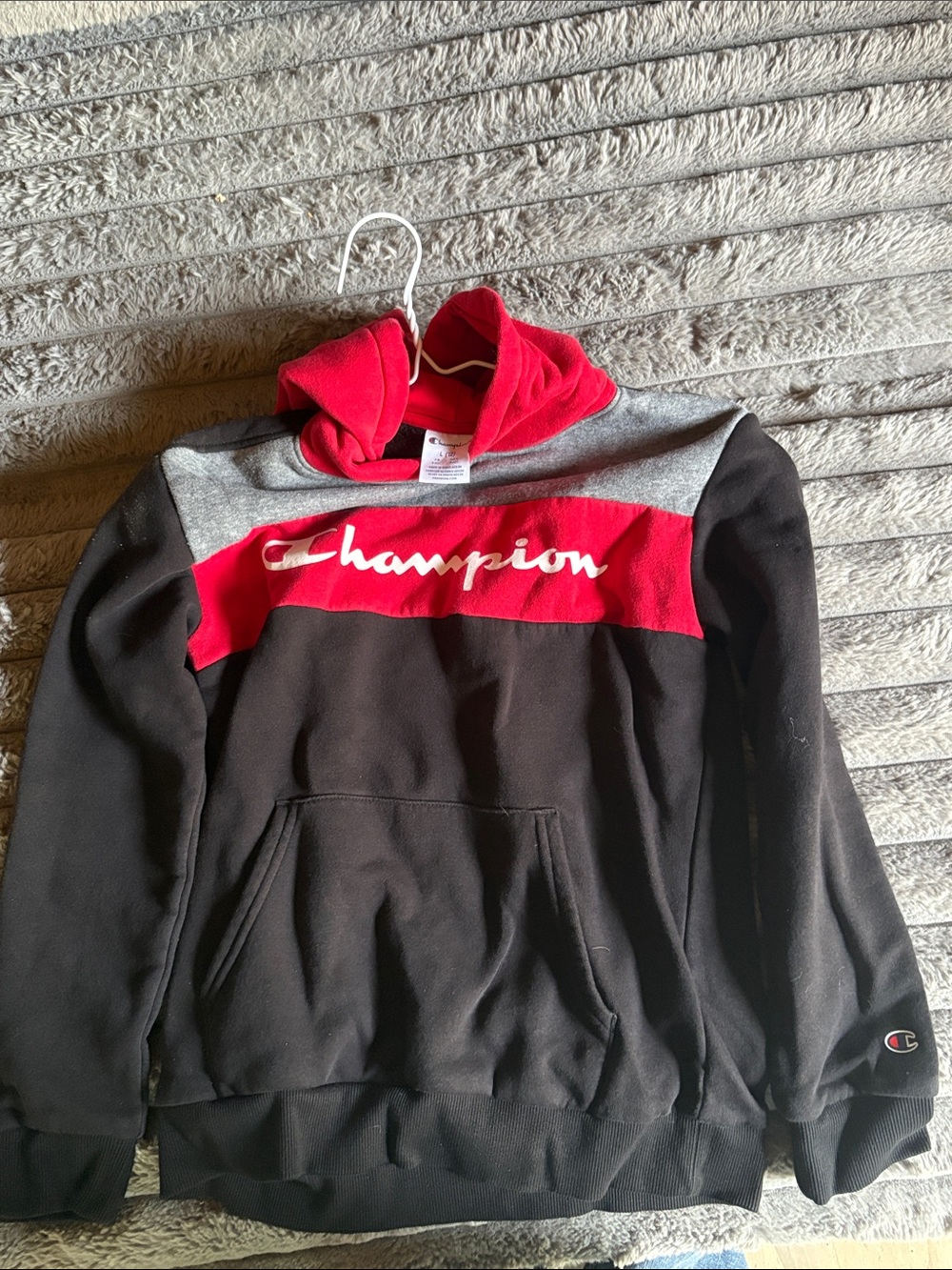 Champion Black Red Gray Colorblock Hooded Pullover